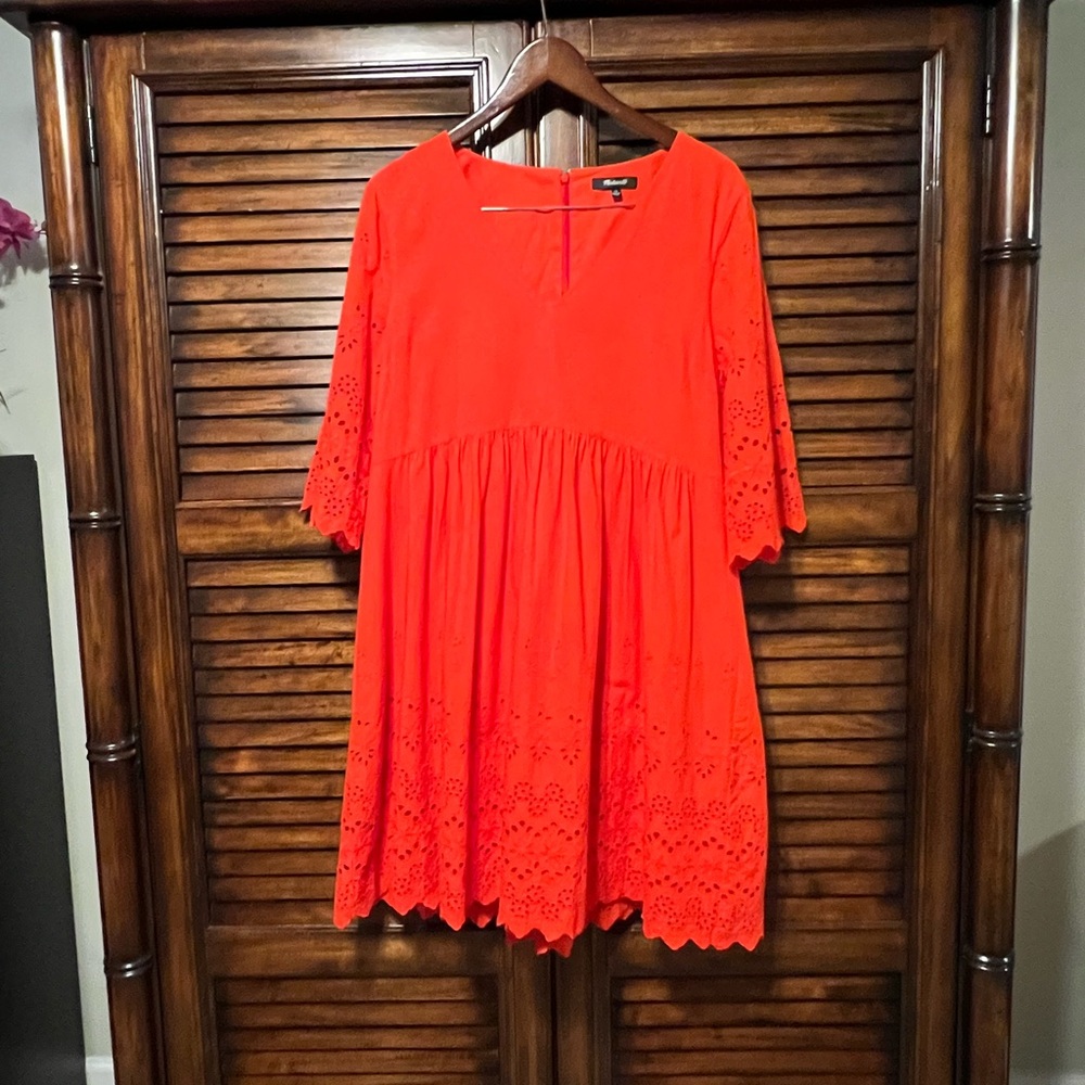 Madewell 153436 Women's Eyelet Lattice Dress V-Neck Bright Poppy Red Sz. 12 - Picture 3 of 14
